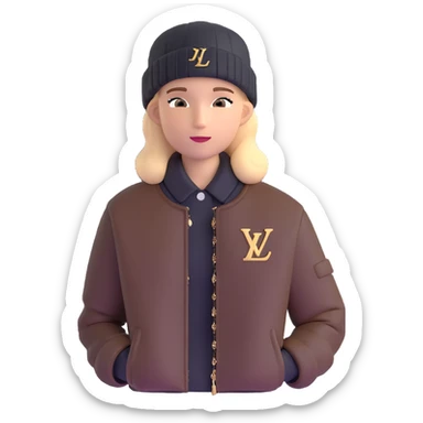 young person wearing a Louis Vuitton beanie and a Ralph Lauren Gorham jacket sticker