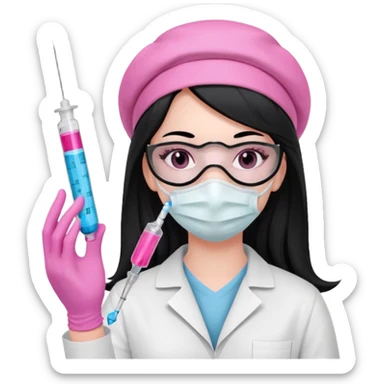 laboratorista con guantes rosa y mascarilla rosa  jeringa tubo laboratorio sin lentes  y  ojos negros cabello largo negro ojos negros sticker
