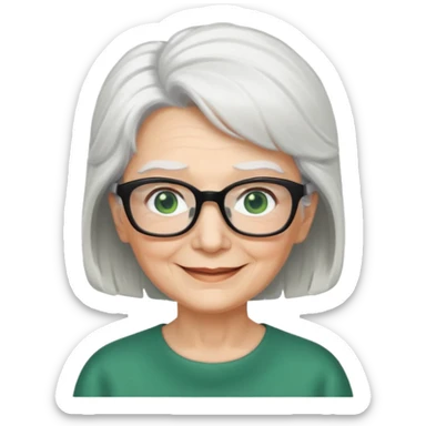 White hair grandma, green eyes, hair to shoulder, lokeg black glasses, rectangles face, smile , sticker