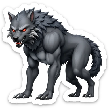 cinematic-noble-fierce-werewolf-full body on all fours-emoji, poised-and-imposing, with a tall, lean, and muscular wolfish frame inspired by the brutal, imposing shape of the beast from Berserk, fur rippling in shades of midnight black and silver, massive paws with razor-sharp claws, elongated limbs and fangs, eyes glowing with an intense, primal ferocity, reflecting the untamed power of the wild moonlit night; rendered with realism like a wolf sticker