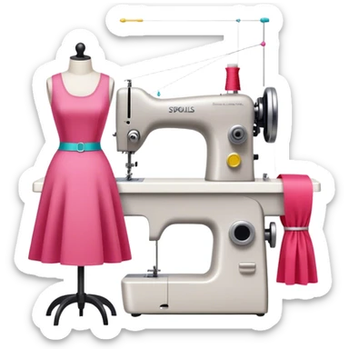 Sewing icon, sewing machine with thread, visible needle, spools of thread, fabric pieces cut according to patterns, measuring tape, pins, scissors, and dresses on mannequins, minimalistic style, clean lines, transparent background. sticker