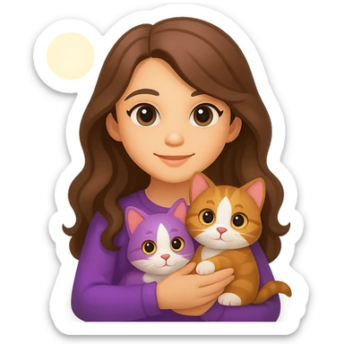 Add a simple, cheerful background to the scene with a girl with long, wavy brown hair, brown eyes, purple clothes, holding a three-color cat, in emoji style. sticker