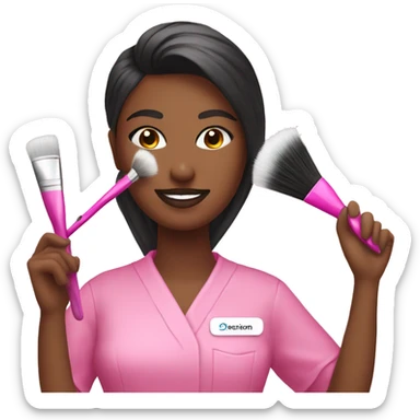 Esthetician wearing pink holding a fan brush sticker