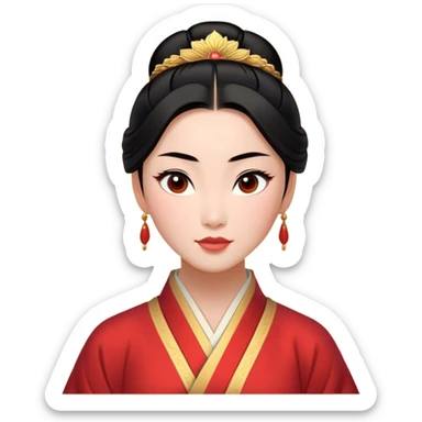 Cinematic Elegant Mulan Portrait Emoji, rendered in a realistic, vector-style with minimal shading and bold, simplified shapes. Depict Mulan (chest and above) with warm, light-toned skin, almond-shaped eyes, and sleek black hair styled in a traditional bun. She wears a modest, traditional robe with subtle red and gold accents, glowing with a soft, refined radiance and high shine, capturing timeless beauty and inner strength. sticker