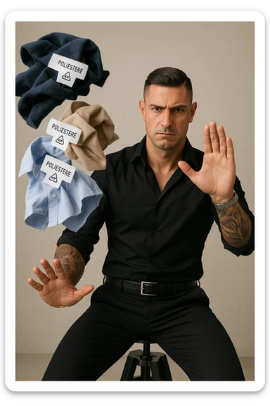 Create a very realistic vertical image of a man (like in the reference photo) decisively throwing away several clothes with clearly visible labels "poliestere" or plastic symbols. The man has a serious expression and a clear gesture of rejection. The atmosphere is professional with natural details and a neutral background. Aspect ratio 2:3. sticker
