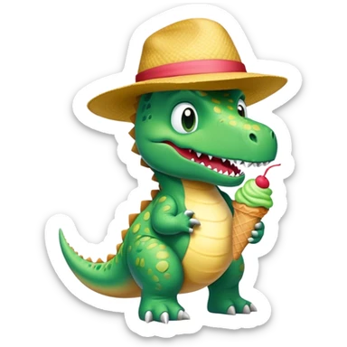 Dinosaur wearing a hat eating an ice cream  sticker