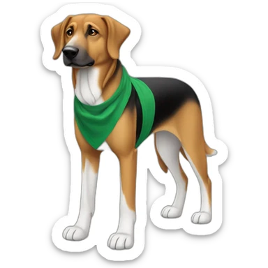 75% Coonhound 25% German Shepherd mix dog wearing small plain green bandana side view full body in profile left facing sticker