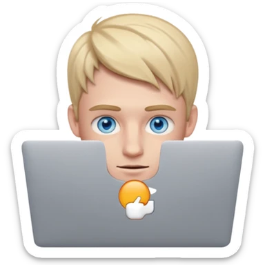 young European male with blue eyes, focused on a MacBook emoji sticker