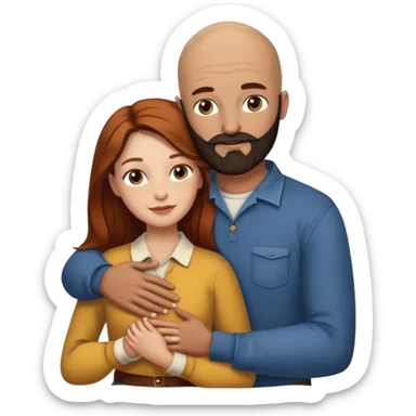 Couple. Bald man with dark brown-black beard. White woman with many small, faded freckles, she has white skin and she has auburn-yellow-brown-cinnamon, dark long hair. She has light brown eyes. The man have hazel eyes. Retro style. They hug. sticker