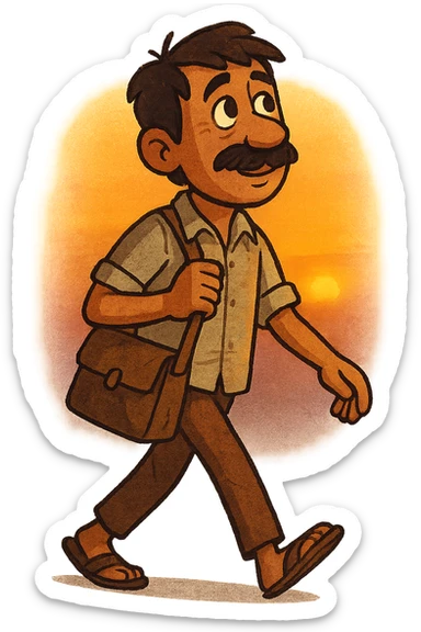 stylized cartoon of a poor Indian father with mustache, faded shirt, walking to work at dawn, carrying a bag, hopeful expression sticker