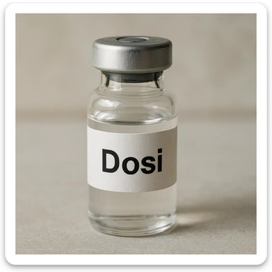 hyperrealistic vial with a clearly visible label that says 'Dosi', neutral background, natural light, realistic and detailed style sticker