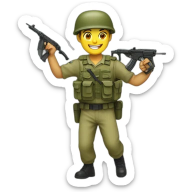 Israeli soldier, olive green uniform, dancing, gun in hand, smiling sticker