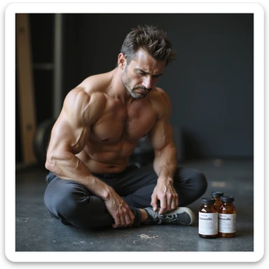 photo realistic crossfit athlete sitting on the ground with suffering expression, hands on joints, tense muscles, vials labeled 'Stanozololo' nearby, natural light, gym background sticker