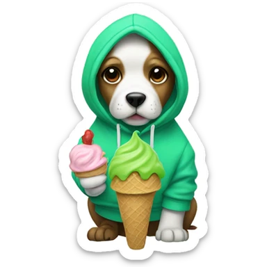 Dog wearing a hoodie while holding an ice cream and the ice cream is coloured green sticker