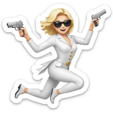 Mafia blondes woman Jumping for joy , in sunglasses, gun ,money , white costume  sticker