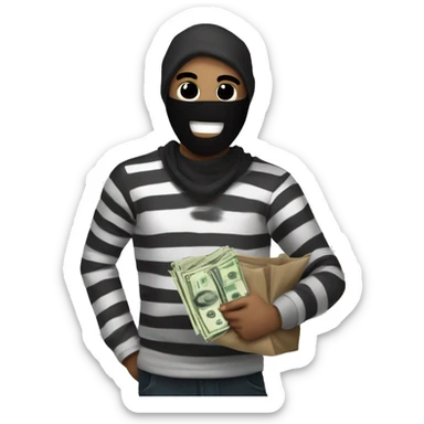 This is a drawing of a cartoon robber wearing a black mask and striped shirt. They are holding a bag of money.  The drawing is simple but effective, and the robber's expression is both mischievous and comical.   sticker