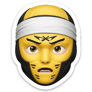 ninja face emoji with black ninja mask covering lower face, no skin color, standard emoji yellow, white headband, intense expression sticker