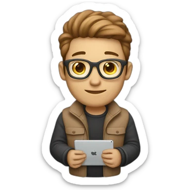 a smart light brown web developer wearing airpods and holding ipad sticker