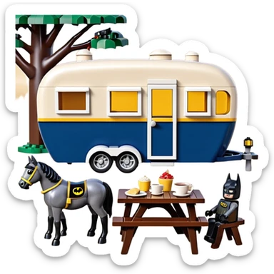  Ultra cute  Lego detailed 1854 Batman and pretty Catwoman dream horse drawn Caravan with picnic table and folding chairs alone at romantic afternoon (hot chocolate and cheeseburgers on the grill) sticker