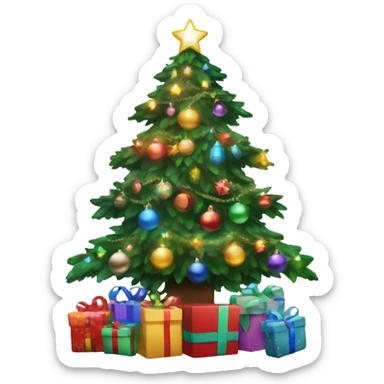 Christmas Tree with bright multicolored lights, ornaments, and presents underneath sticker