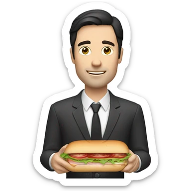 A white man with dark hair holding a long small sandwich sticker