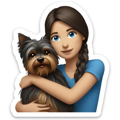 Realistic brunette girl with bright blue eyes hugging Yorkshire terrier  sticker
