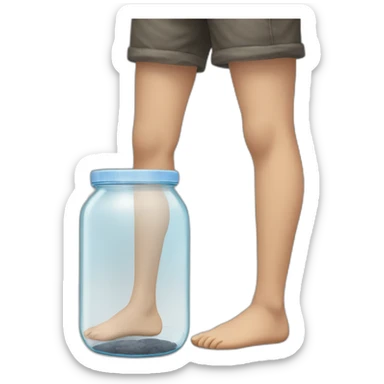 human legs standing on the floor with an ((empty transparent jar)) between them,outside,to the left and to the right,front view sticker