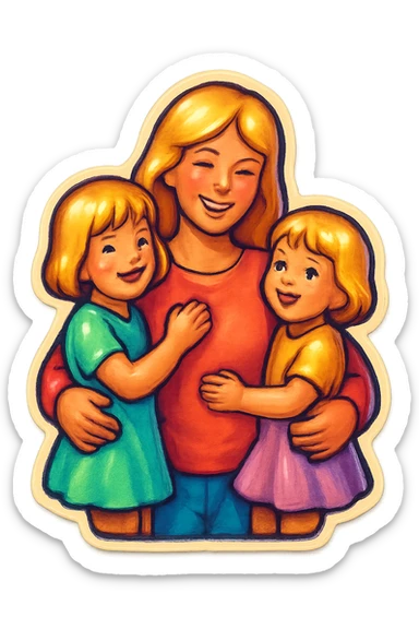 mom with long light hair holding two little girls with short light hair, all in pastel outfits, cute retro stickers style, soft shadows, multiple variations sticker