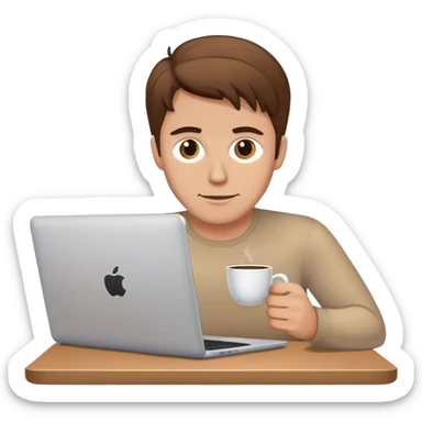 a white man with brown hair with a laptop and a cup of coffee sticker