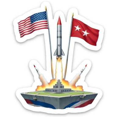 Cuba during the Cold War with Cuban island in the center, US and USSR flags on either side, missiles, tense atmosphere sticker