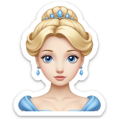 Cinematic Realistic Noble Cinderella Portrait, depicted with porcelain skin rendered in lifelike detail and soft, natural lighting that highlights every delicate nuance. Her intricately styled golden-blonde hair is arranged in an elegant updo, and her deep, expressive blue eyes radiate quiet determination. She wears her classic ball gown with rich fabric textures and delicate folds catching the light beautifully, all set against a subtly glowing, natural background that captures the essence of timeless royal grace. sticker