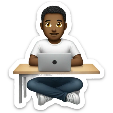 a young man is sitting at a laptop in a T-shirt sticker