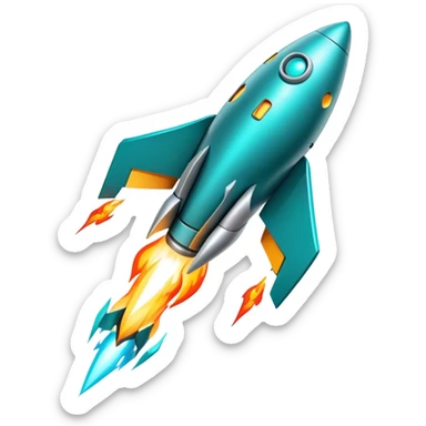 robotic teal spaceship launching to the right with rocket flames sticker
