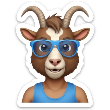 3D cartoon goat man portrait, head and shoulders, brown fur, small horns, blue reflective sunglasses, slight smile, tank top, soft lighting, centered, clean background, no text, no watermark
 sticker