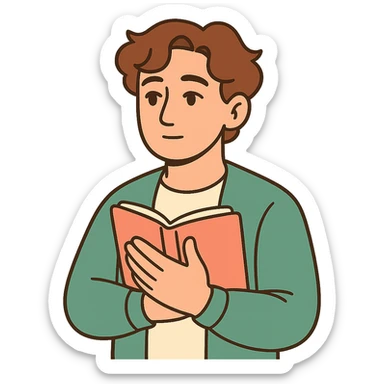 Calm and thoughtful male confidant, fair skin, soft wavy brown hair, gentle eyes, wearing a green cardigan over a light shirt, holding an open journal close to chest, waist-up, front-facing, pure background sticker