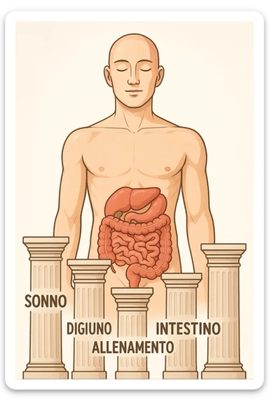 5 pilastri con le scritte "SONNO", "DIGIUNO", "ALLENAMENTO", "INTESTINO", DAVANTI UN CORPO UMANO ANATOMICO CON OCCHI CHIUSI IN SALUTE, SFONDO CHIARO IN ITALIANO sticker