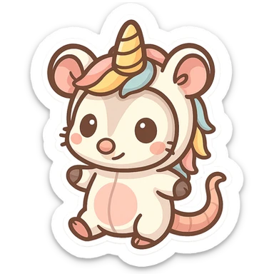 cute cartoon possum dressed up like a unicorn, chibi stickers style sticker