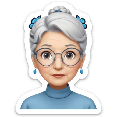 A beautiful grandmother with a delicate face and white/grey hair styled in high buns. She has steely blue/grey eyes and an intense gaze, and wears pretty glasses with butterfly frames. No background sticker