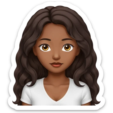 iOS style emoji A girl with very long dark brown wavy hair. And the eyes color is dark brown. And she is wearing white t shirt with V kneck. And she is 30. She is Asian with double eyelids  sticker