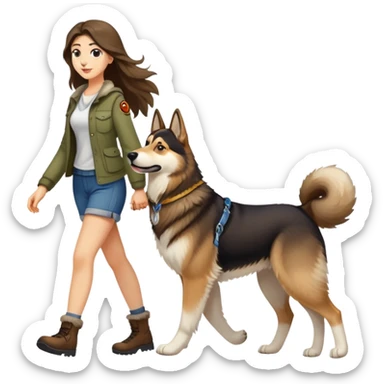 A long-haired girl walking a husky and a German shepherd sticker