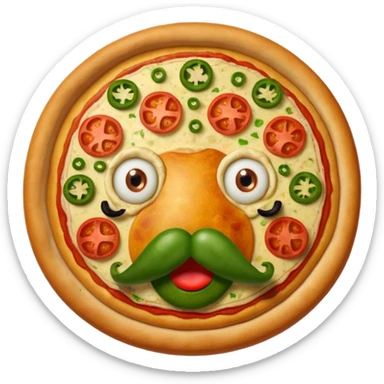 Complete Pizza with two red pepperoni eyes, a mushroom nose, and a mouth, mustache, and eyebrows made out of green peppers sticker