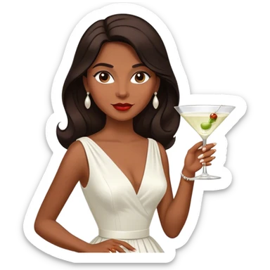 Beautiful woman in 1950’s woman fashion look, white dress, long dark brown hair, martini  sticker