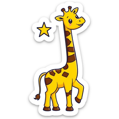 joyful cartoon giraffe dancing on hind legs, front hooves raised, big toothy smile, stars in eyes, bright yellow and brown, thick black outlines sticker