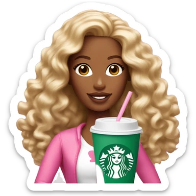 Barbie girl with brown and blonde long curly hair holding Pink starbucks refresher sticker