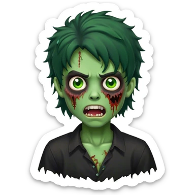 boy zombie with black curly hair mullet with green skin with black shirt and mouth open sticker