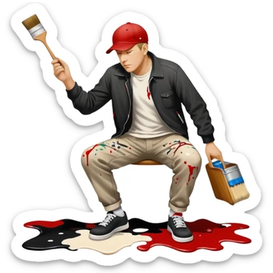 Jackson pollock the abstract artist flicking black white and red paint from a brush onto a canvas at his feet sticker