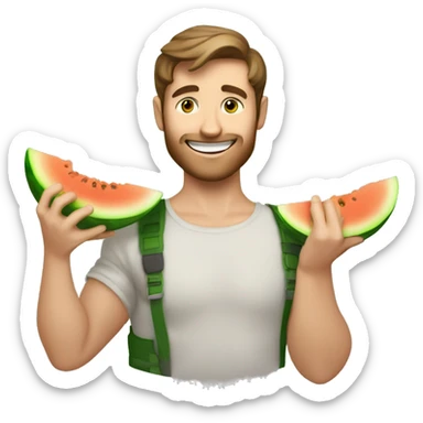 ￼ a good looking happy white man with brown hair and green eyes holding a melon in his arms sticker