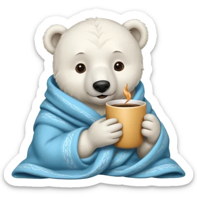 baby white polar in cozy blanket, drink hot coffee sticker