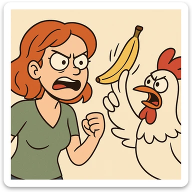 angry redhead with a banana throwing chicken, cartoon style sticker