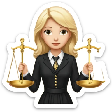 woman lawyer blanche et blonde habillée avec une robe noire longue et une cravate blanche, avec la balance de la justice derrière elle sticker